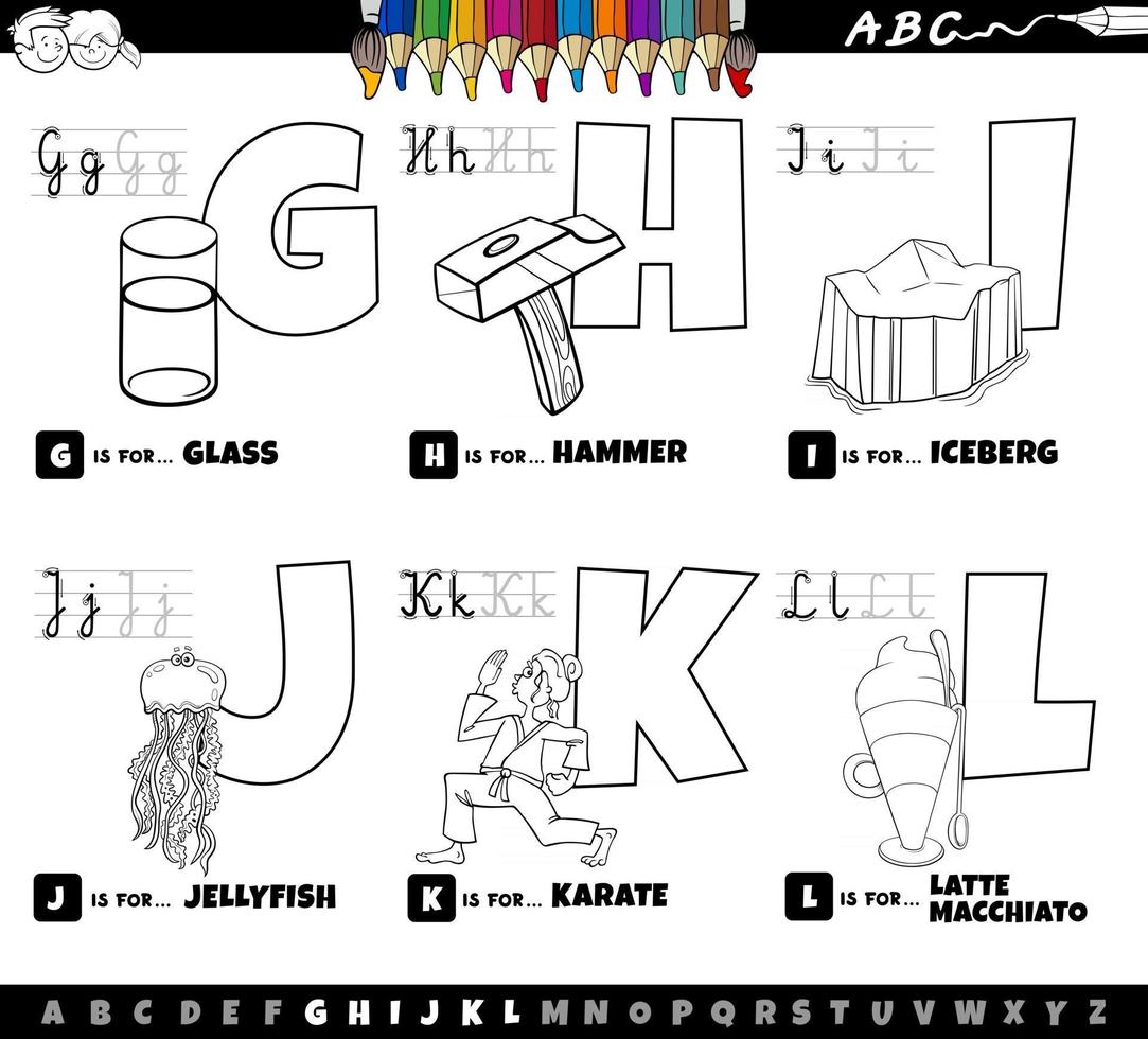 Conjunto de letras del alfabeto de dibujos animados de g a l página de libro para colorear vector