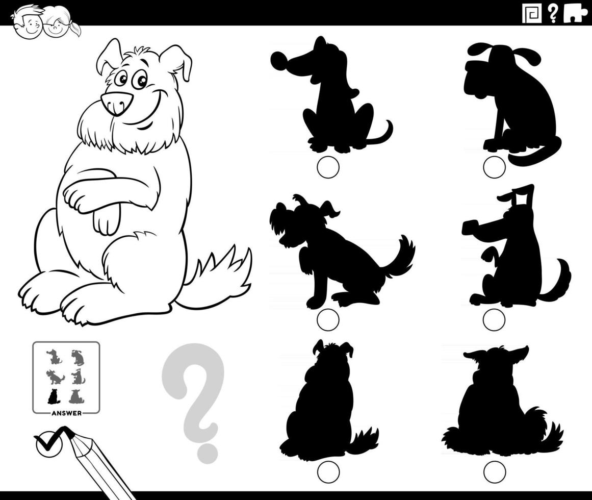 shadows game with fluffy dog character coloring book page vector