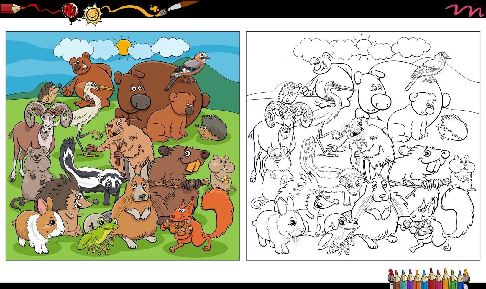 Grupo de personajes de animales de dibujos animados página de libro para colorear vector