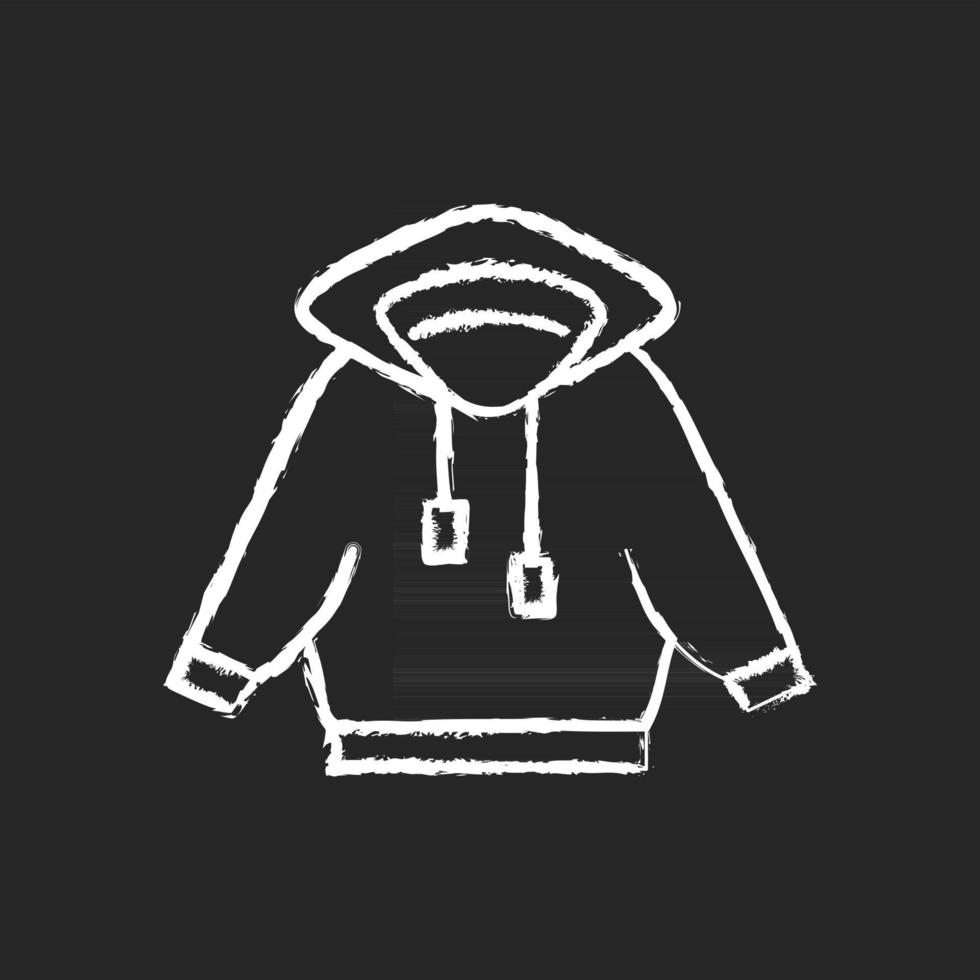 Home outfit with hoodie chalk white icon on dark background. Hooded jacket. Sporty outfit. Unisex sportswear. Comfortable homewear and sleepwear. Isolated vector chalkboard illustration on black