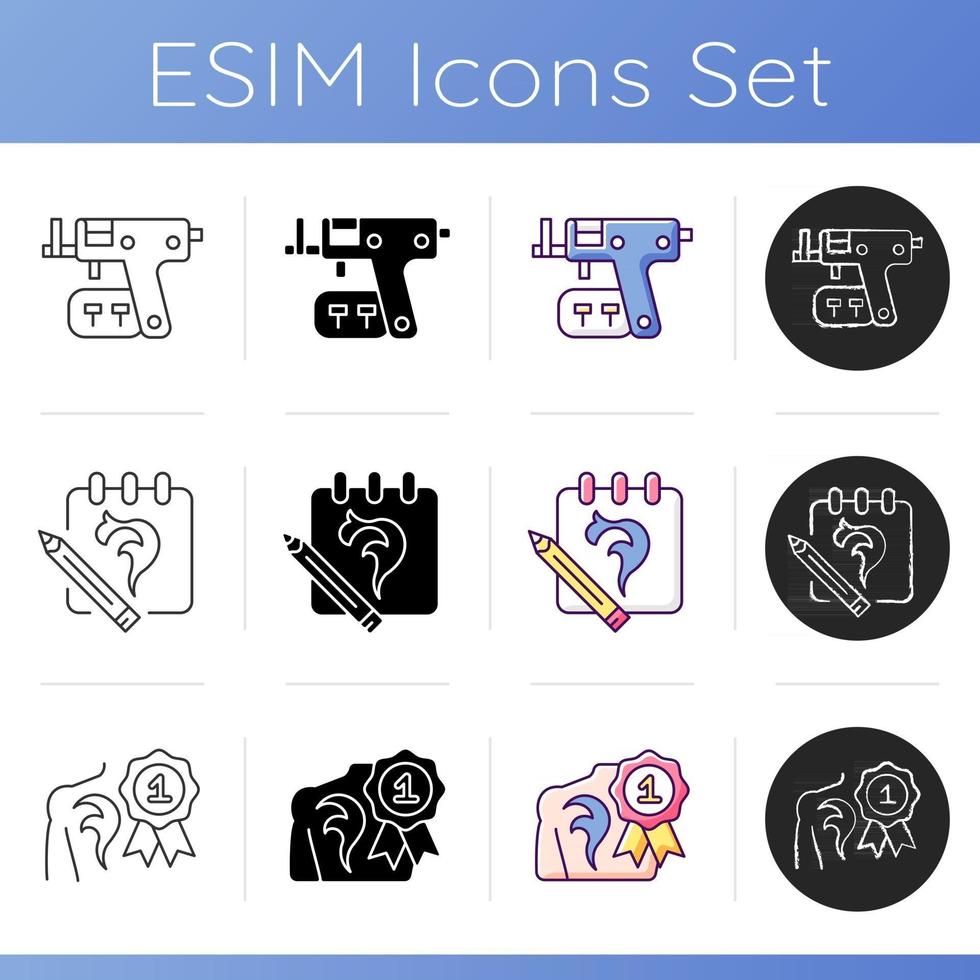 Tattoo and piercing creation icons set. Salon for creating unique body look. Special instruments for professionals. Linear, black and RGB color styles. Isolated vector illustrations