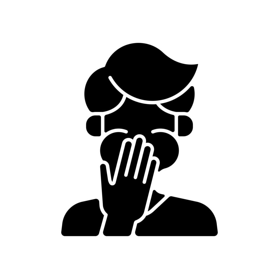Nausea black glyph icon. Sick person covering mouth. Ill man with stomachache ready to throw up. Heat exhaustion symptom. Silhouette symbol on white space. Vector isolated illustration