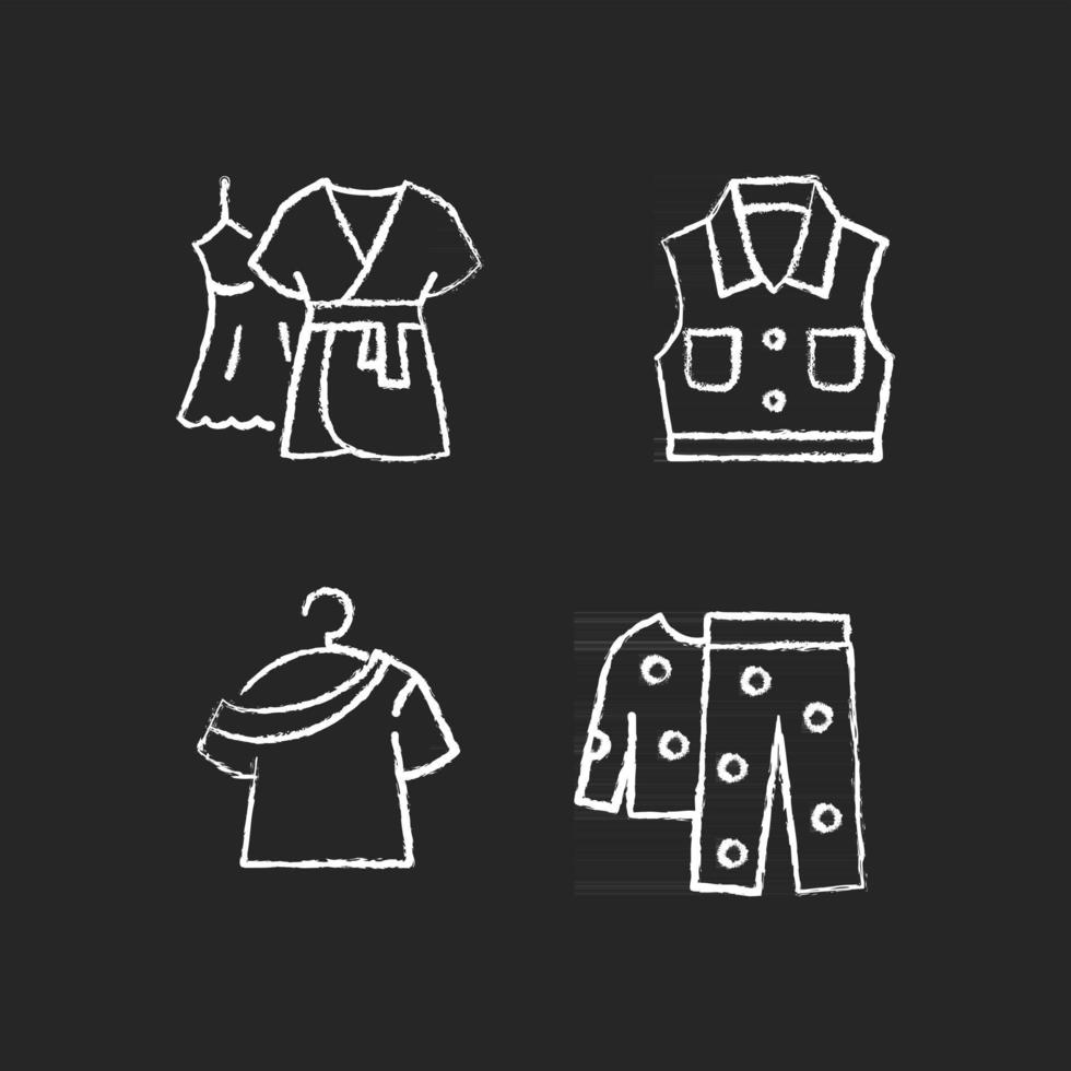 Clothes for sleeping chalk white icons set on dark background. Gown with robe. Denim jacket. One shoulder top. Fleece pajamas. Homewear and sleepwear. Isolated vector chalkboard illustrations on black