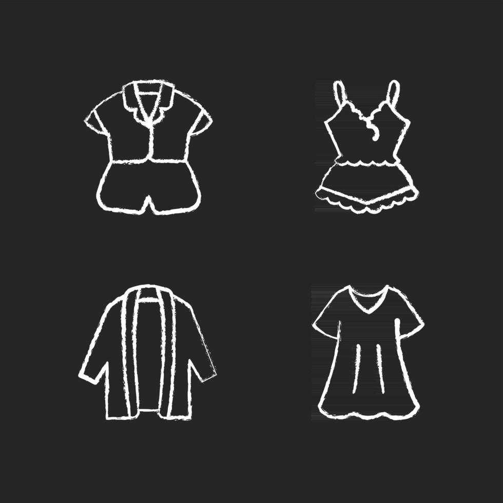 Homewear chalk white icons set on dark background. Silk top and shorts. Lace pyjamas. Long cardigan. Sporty dress. Comfortable sleepwear. Isolated vector chalkboard illustrations on black