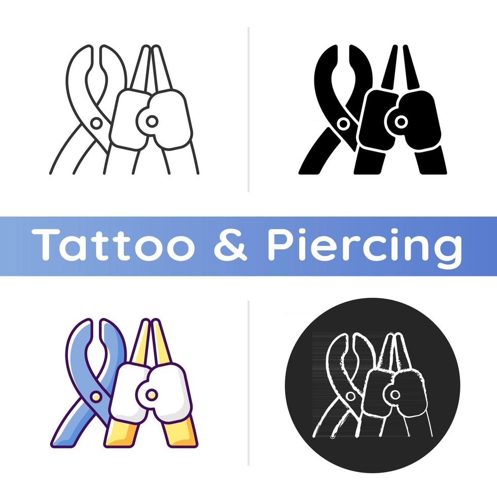 Piercing tools icon. Professional tool for punching small holes in human skin. Injecting iron parts. Modern style. Linear black and RGB color styles. Isolated vector illustrations