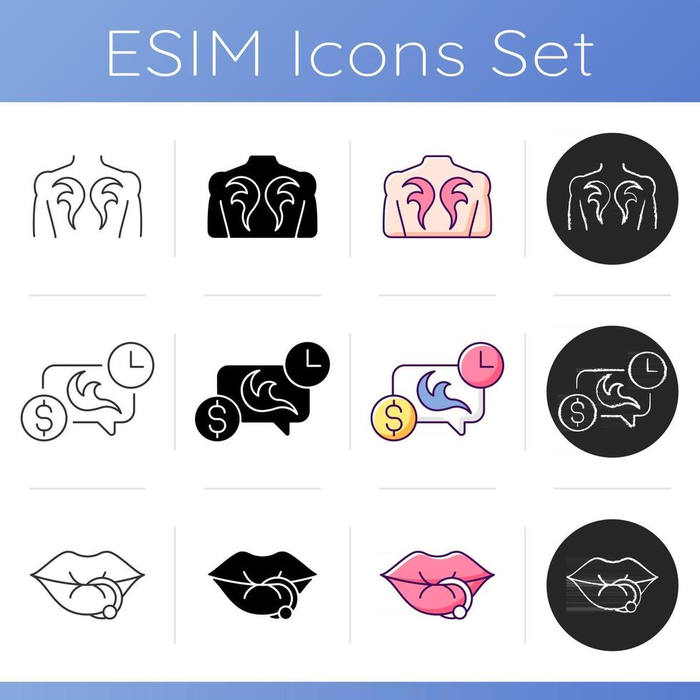 Tattoo and piercing instruments icons set. Creating unique art works on human body. Injecting jewellery. Professional tool. Linear, black and RGB color styles. Isolated vector illustrations