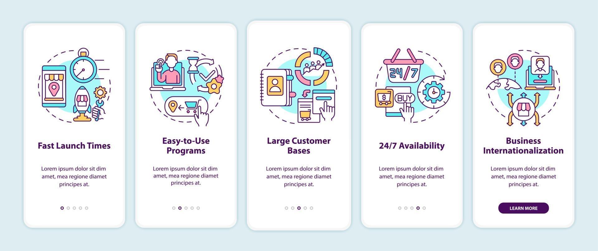 Online marketplace benefits onboarding mobile app page screen. Large customer bases walkthrough 5 steps graphic instructions with concepts. UI, UX, GUI vector template with linear color illustrations