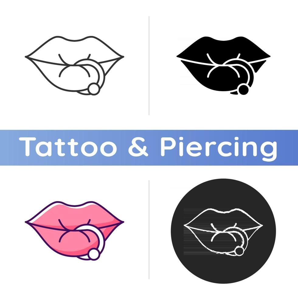 Lip piercing icon. Beautiful jewellery type inserted into lip. Metal needles for making professional piercing work. Linear black and RGB color styles. Isolated vector illustrations