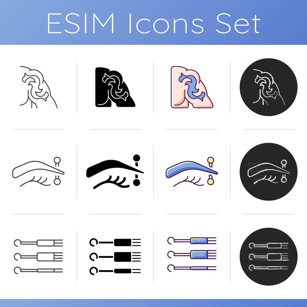 Tattoo and piercing salon icons set. Professional equipment. Winning tattoo competition. Creating beautiful sketches. Linear, black and RGB color styles. Isolated vector illustrations