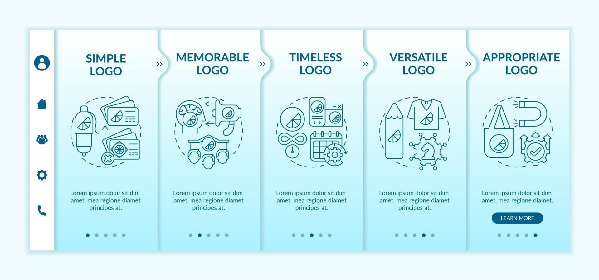 Fundamental logo design rules onboarding vector template. Responsive mobile website with icons. Web page walkthrough 5 step screens. Memorable, timeless logo color concept with linear illustrations