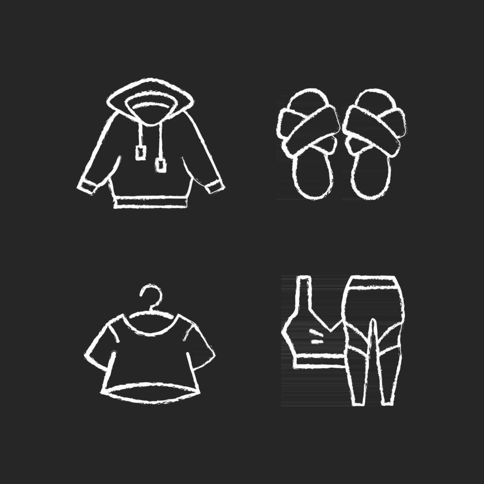 Pajamas for home chalk white icons set on dark background. Hoodied shirt. Cross band slippers. Crop top. Trendy sportswear. Comfortable sleepwear. Isolated vector chalkboard illustrations on black