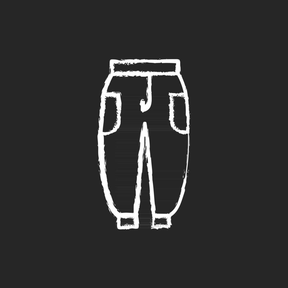 corredores tiza icono blanco sobre fondo oscuro. pantalones de chándal para mujer. pantalones de chándal para hombres. pantalones unisex. atuendo deportivo. ropa de casa cómoda, ropa de dormir. Ilustración de pizarra de vector aislado en negro