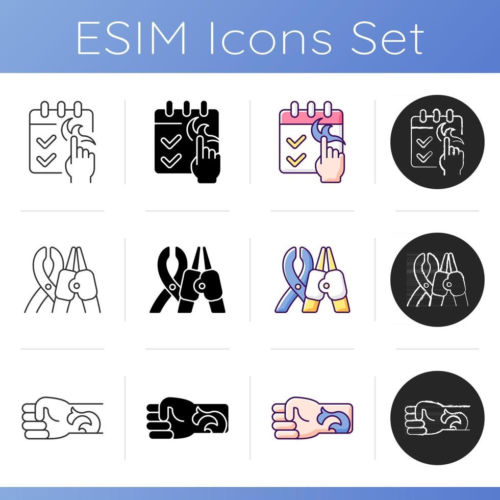 Tattoo and piercing types icons set. Place on body where jewellery is injected. Metal skin accessories with gems. Linear, black and RGB color styles. Isolated vector illustrations