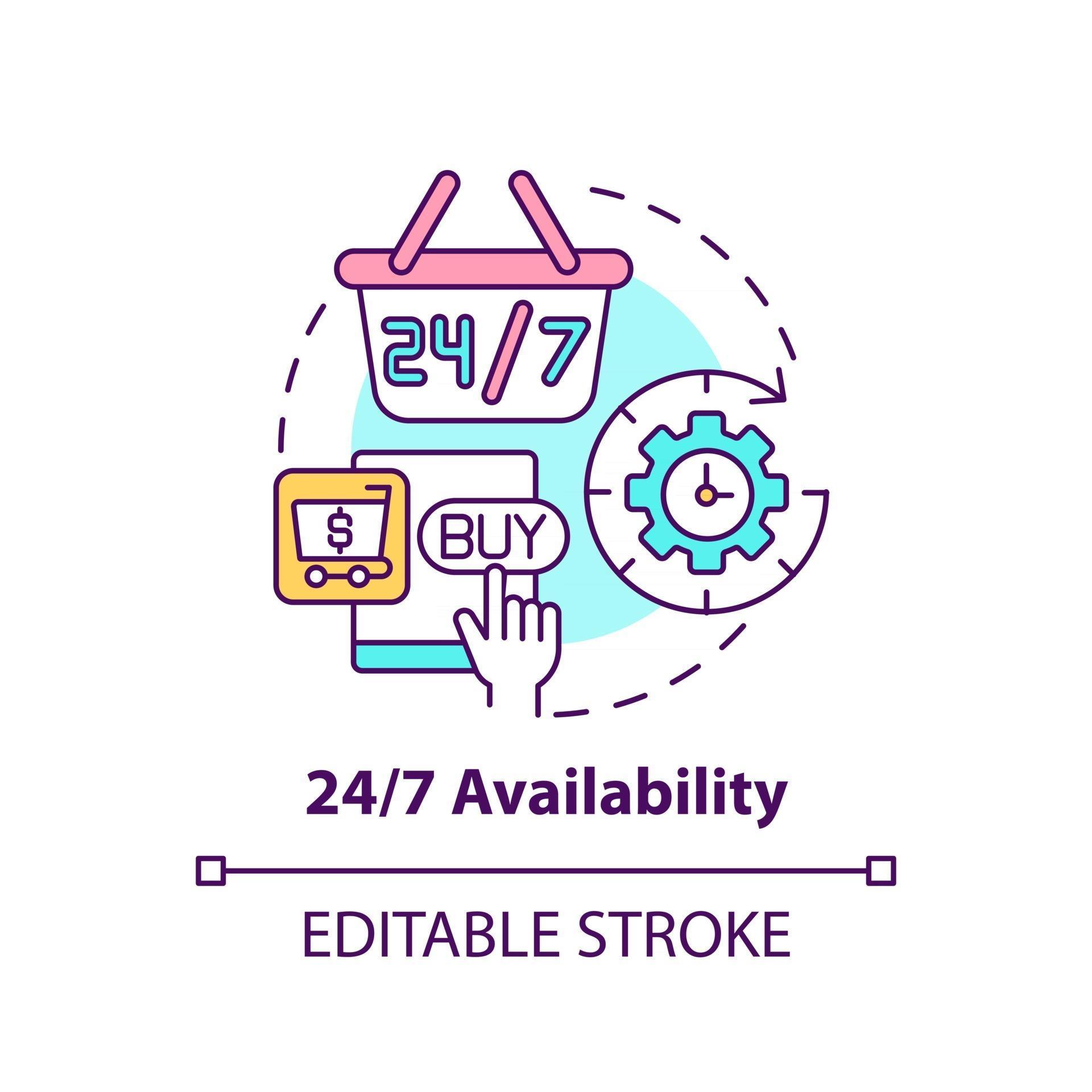 24 7 availability concept icon. Online marketplace benefit abstract