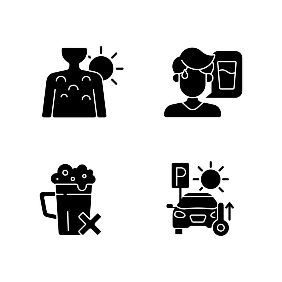 Sunstroke precaution black glyph icons set on white space. Sunburn on person skin. Thirst as symptom of heatstroke. Avoid alcohol, staying in hot car. Silhouette symbols. Vector isolated illustration