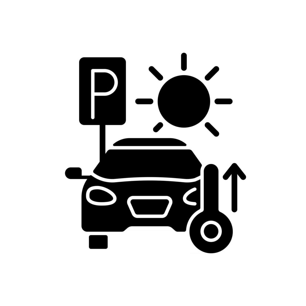 Not staying in parked car black glyph icon. High temperature in automobile on parking. Heatstroke prevention during summer heat wave. Silhouette symbol on white space. Vector isolated illustration