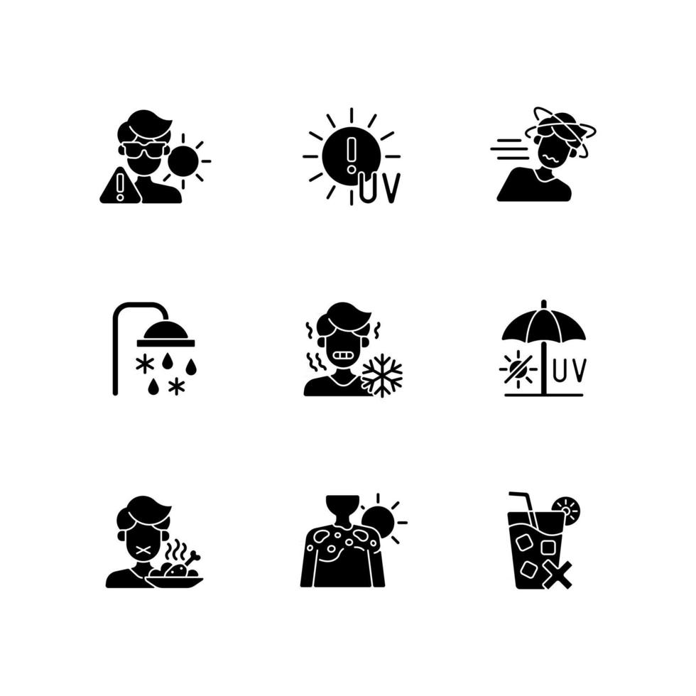 Heatstroke risk during summer black glyph icons set on white space. Sunburn on skin. UV rays exposure during summer. Avoid sunlight. Silhouette symbols. Vector isolated illustration