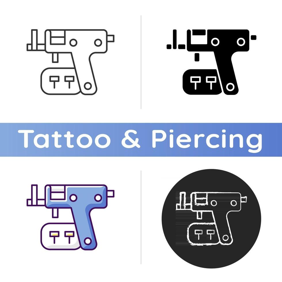 Piercing gun icon. Special instrument for making holes in body skin. Injecting jewellery in human body. Modern style. Linear black and RGB color styles. Isolated vector illustrations