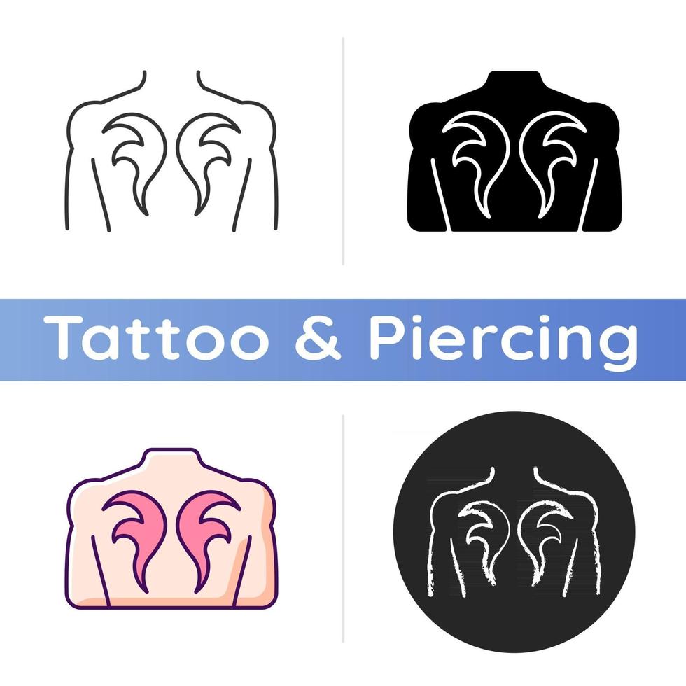 Back tattoo icon. Tattoo master creating beautiful works. Client get back painted with special ink. Creating unique painting. Linear black and RGB color styles. Isolated vector illustrations