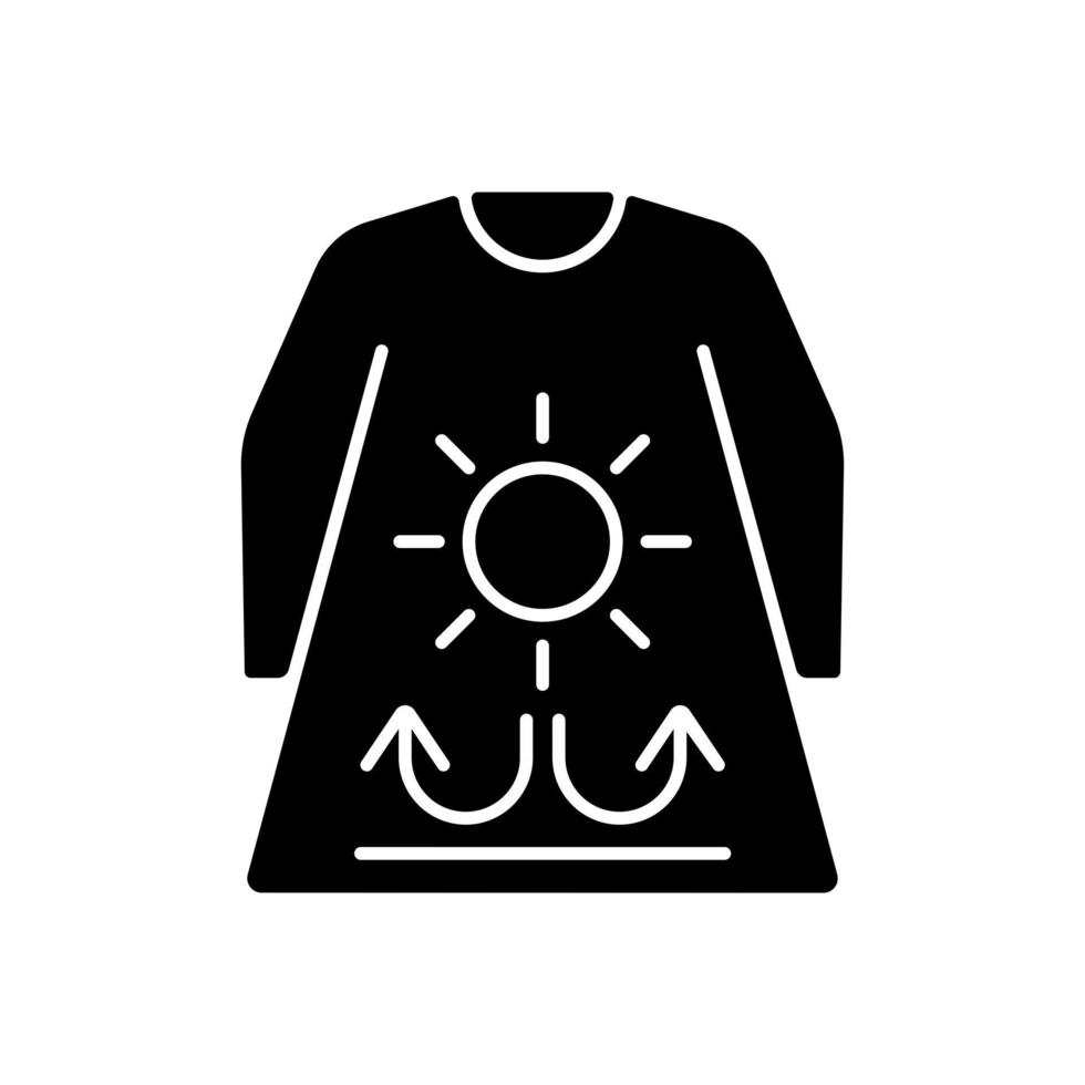 Long sleeves and loose clothing black glyph icon. Female outfit for summer weather. Heatstroke prevention. Fabric for UV protection. Silhouette symbol on white space. Vector isolated illustration