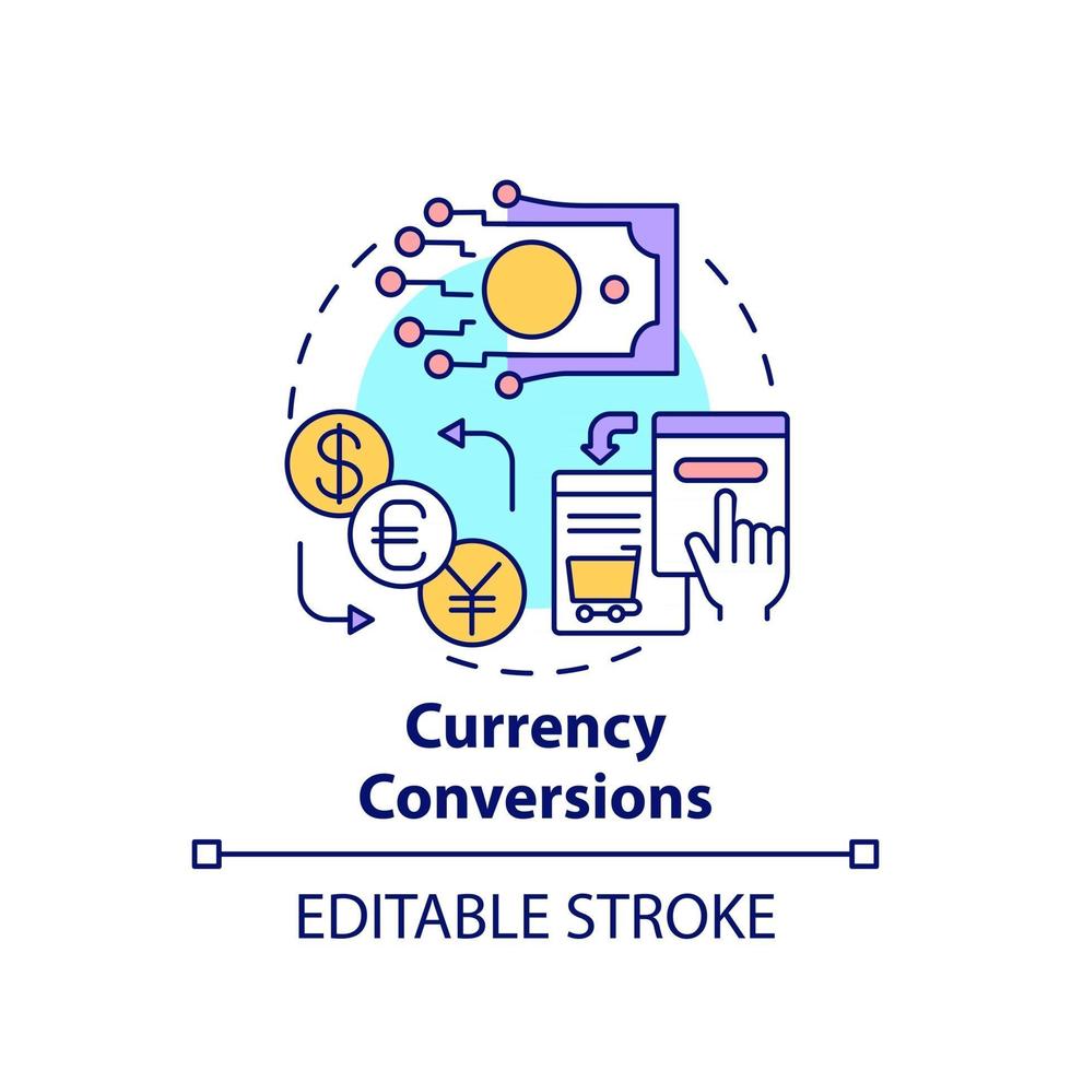 Currency conversions concept icon. Global marketplaces service abstract idea thin line illustration. International currency transactions. Vector isolated outline color drawing. Editable stroke