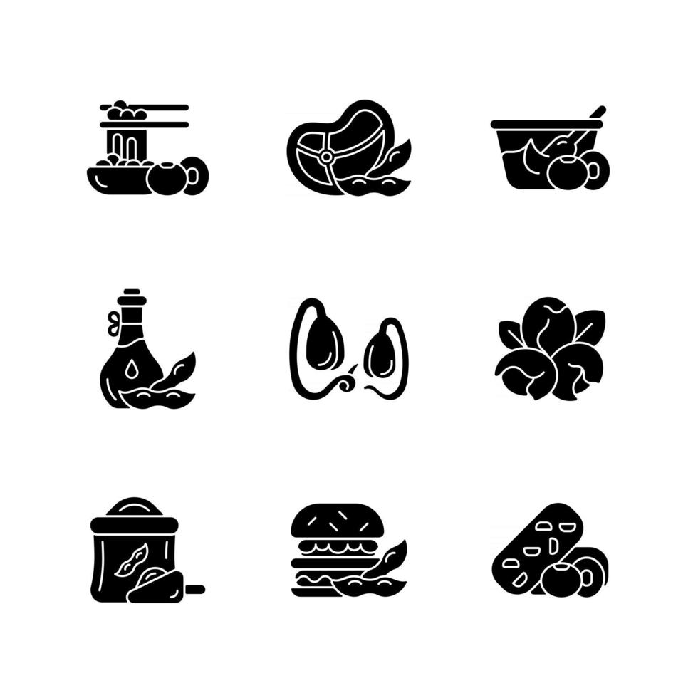 Soy plants black glyph icons set on white space. Growing organic vegetables. Healthy meals preparing. Vegeterian foods fill of nutritions. Silhouette symbols. Vector isolated illustration