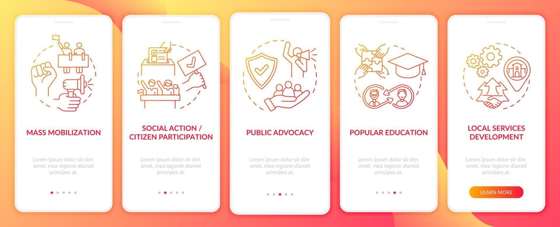 Population change strategies onboarding mobile app page screen with concepts. Public advocacy walkthrough 5 steps graphic instructions. UI, UX, GUI vector template with linear color illustrations
