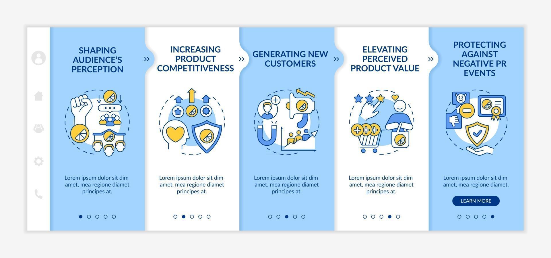 Strong brand identity advantages onboarding vector template. Responsive mobile website with icons. Web page walkthrough 5 step screens. Elevating product value color concept with linear illustrations