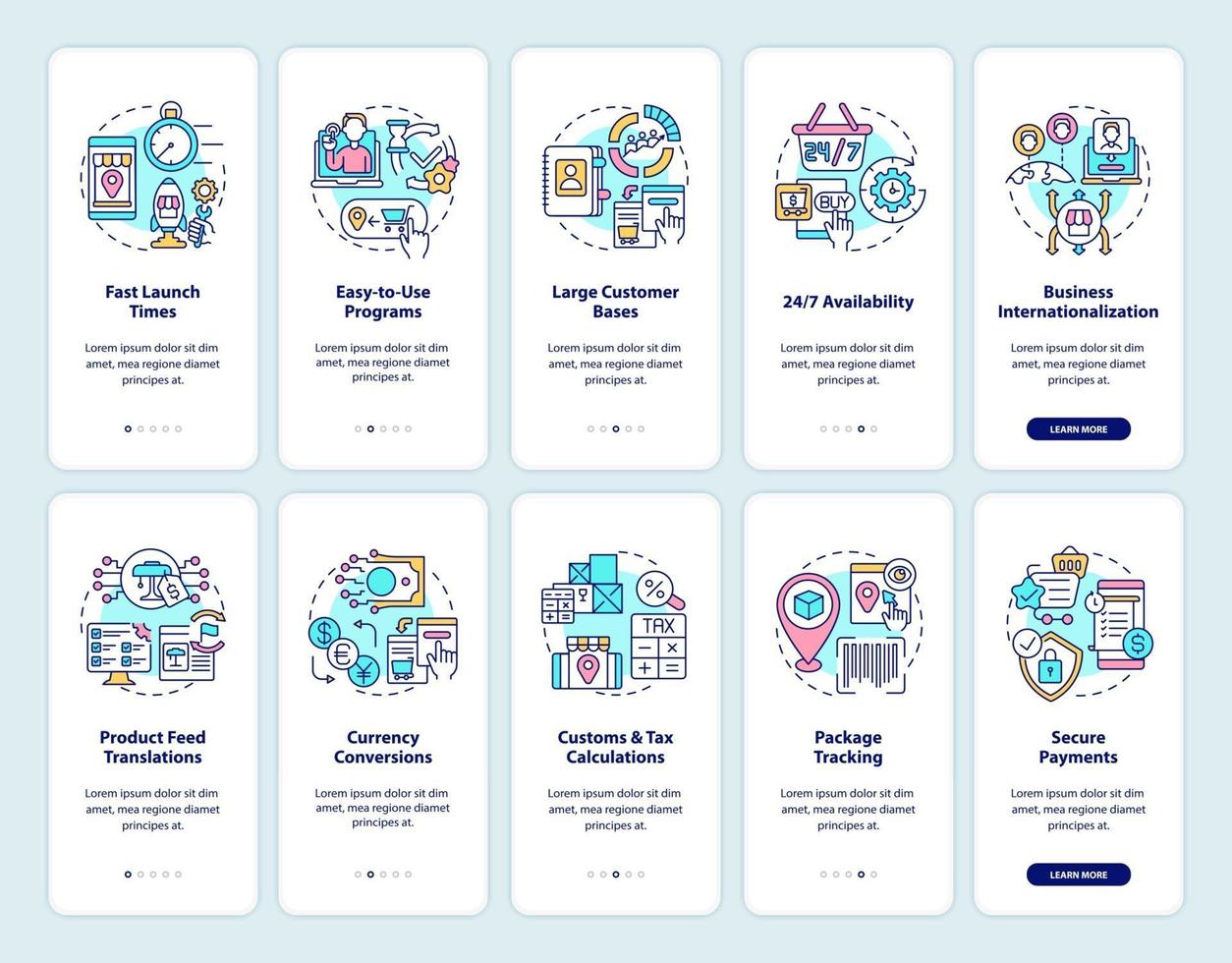 Online marketplace onboarding mobile app page screens set. E-commerce services walkthrough 5 steps graphic instructions with concepts. UI, UX, GUI vector template with linear color illustrations