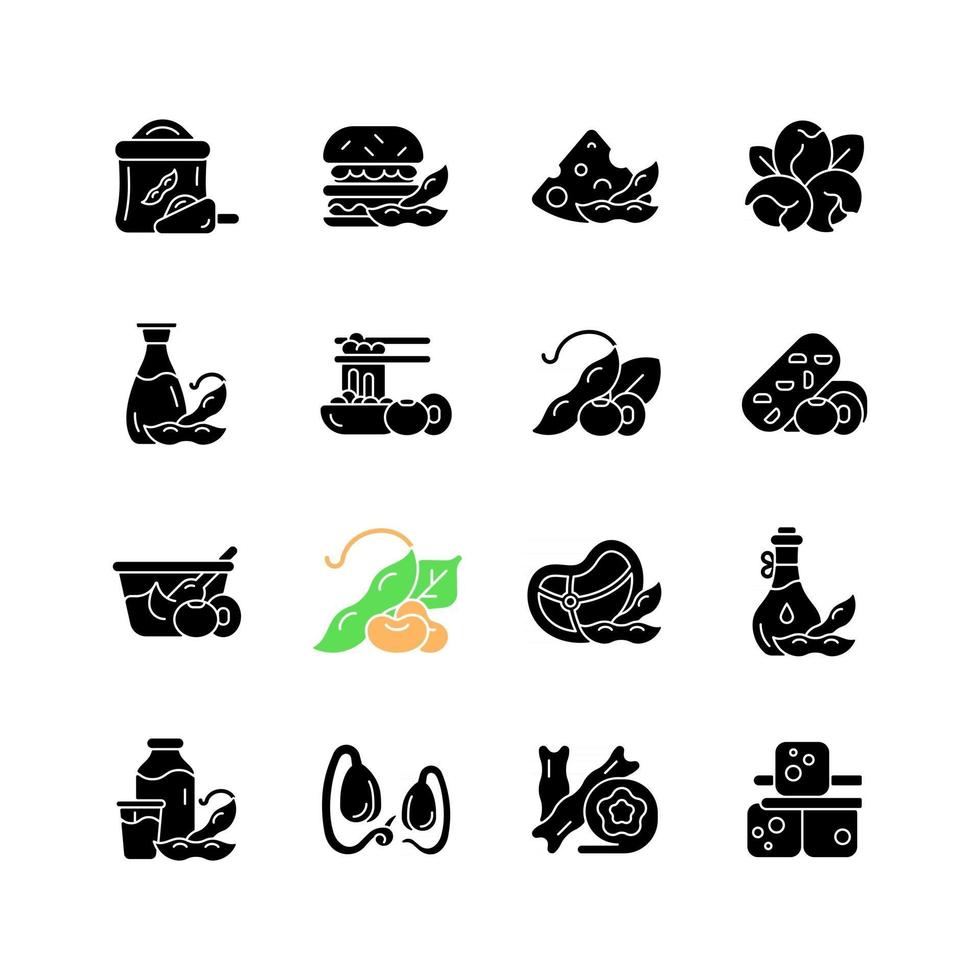 Soy foods black glyph icons set on white space. Healthy meals preparation. Vegetarian types of products. Plant based snacks. Nutritions source. Silhouette symbols. Vector isolated illustration