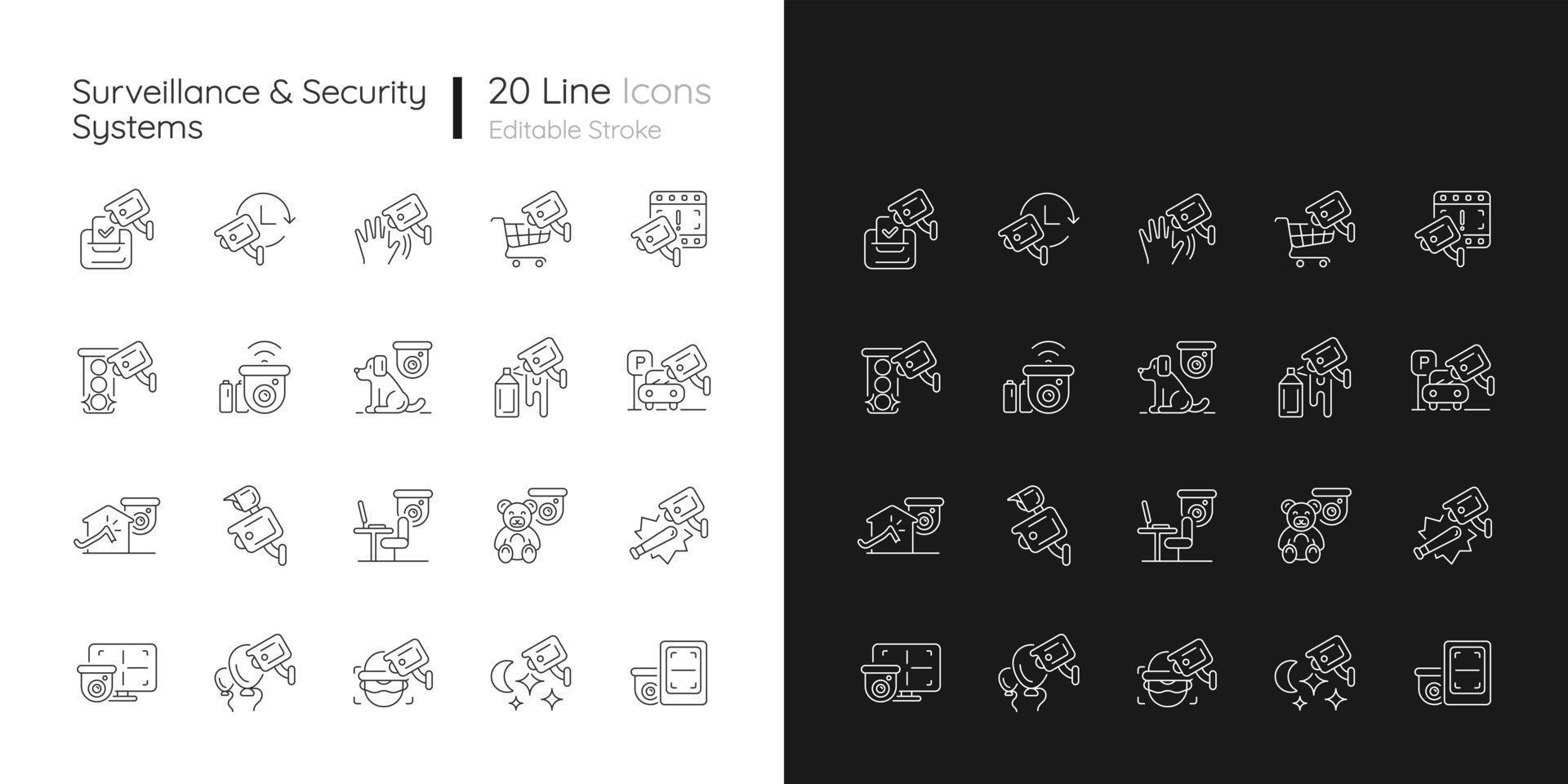 Surveillance and security systems linear icons set for dark and light mode. CCTV camera install. 24 7 protection. Customizable thin line symbols. Isolated vector outline illustrations. Editable stroke