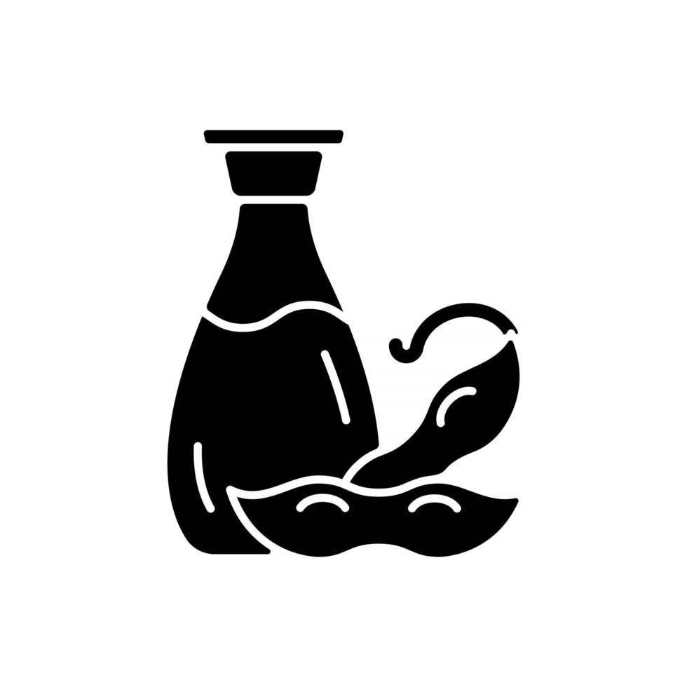 Soy sauce black glyph icon. Salty ingredient added to meals. Vegeterian foods types. Liquids used to improve flavor of rice or noodles. Silhouette symbol on white space. Vector isolated illustration