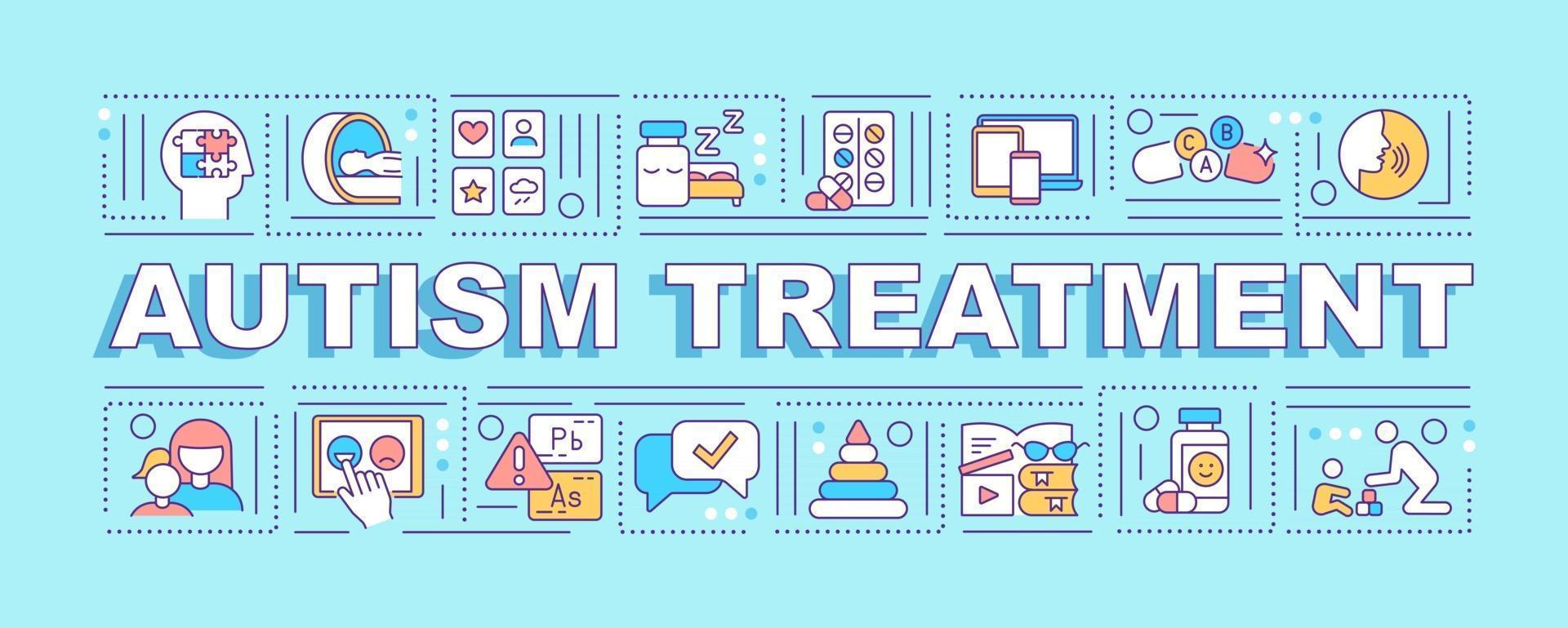 Autism treatment word concepts banner. Communicational disorder. Infographics with linear icons on blue background. Isolated creative typography. Vector outline color illustration with text