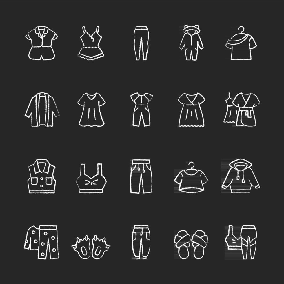 Comfortable homewear and sleepwear chalk white icons set on dark background. Female nightwear. Male sportswear. Funny slippers. Pajamas. Isolated vector chalkboard illustrations on black