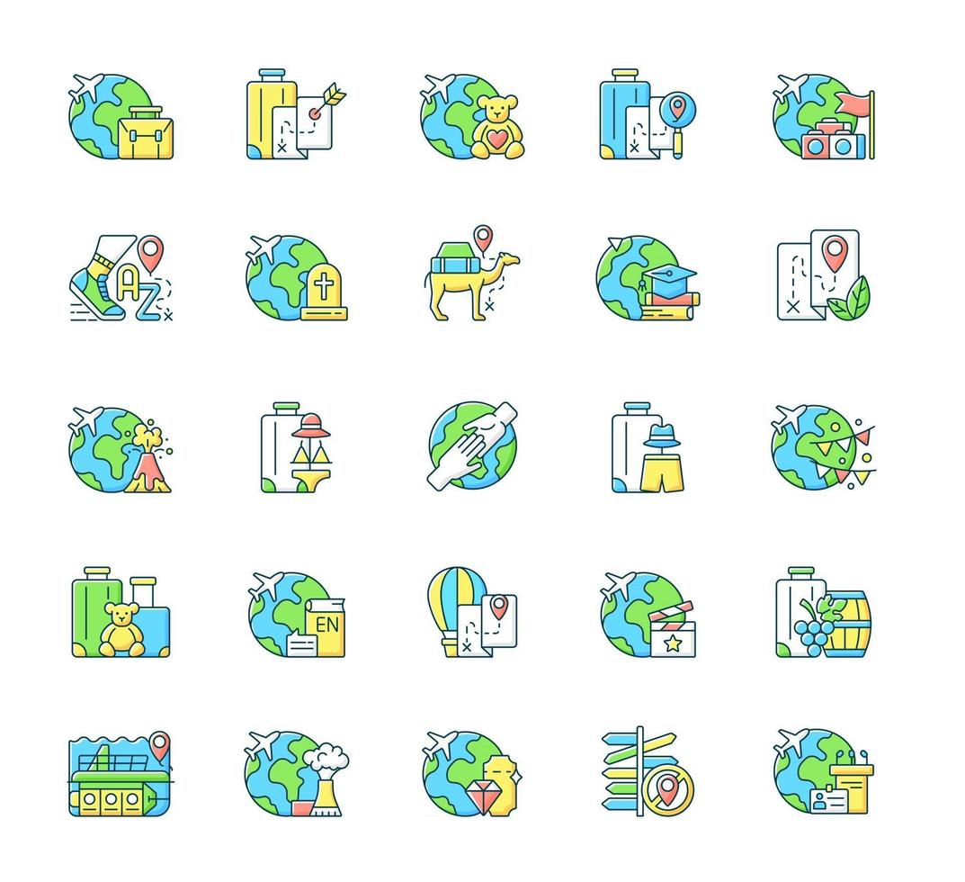 Types of travel RGB color icons set. No destination trip. Business and recreation journey. Isolated vector illustrations. Tourism industry category simple filled line drawings collection