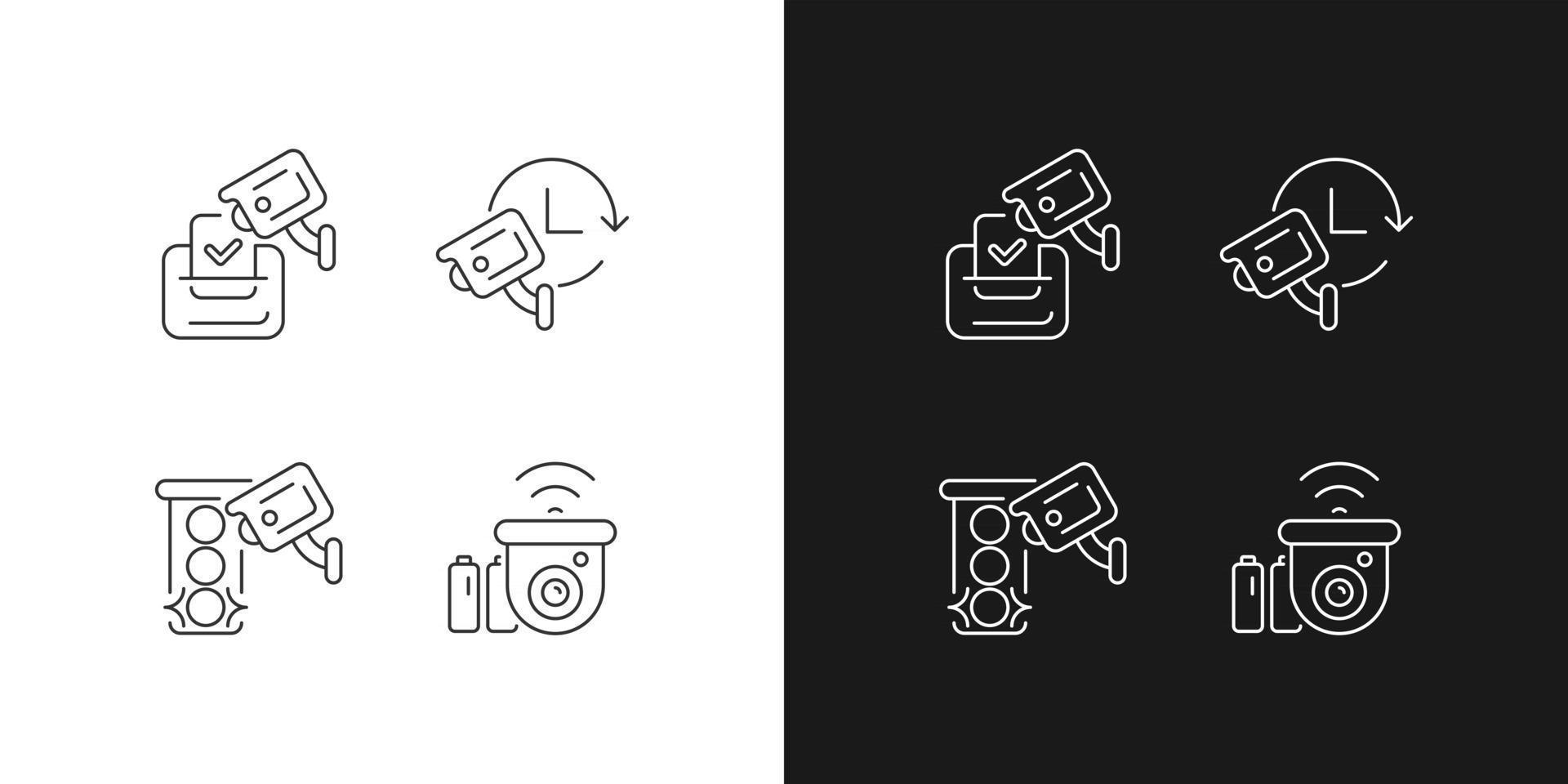Surveillance system linear icons set for dark and light mode. Electoral fraud prevention. 24 hour monitoring. Customizable thin line symbols. Isolated vector outline illustrations. Editable stroke