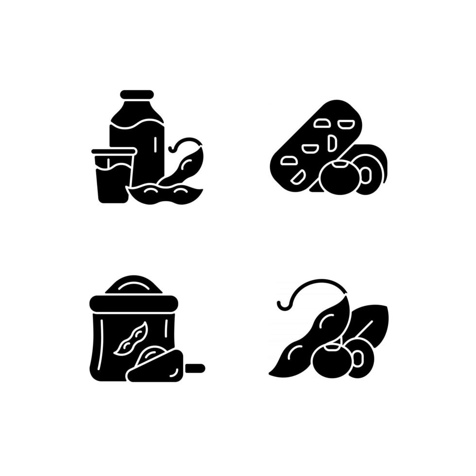 Soy meals black glyph icons set on white space. Organic soybean based flour. Healthy plant milk. Vegetarian meal preparation. Vegetable snacks. Silhouette symbols. Vector isolated illustration