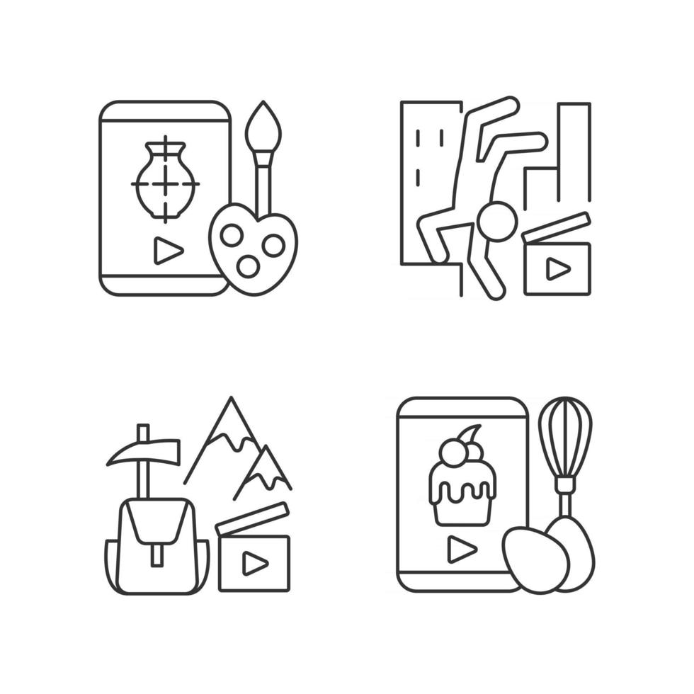 Internet video linear icons set. Drawing tutorial. Parkour footage. Travel vlog. Online cooking class. Customizable thin line contour symbols. Isolated vector outline illustrations. Editable stroke