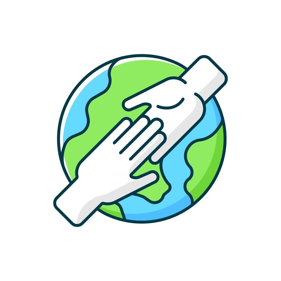 Volunteer travel RGB color icon. International collaboration. Hands share handshake. Culture exchange. Isolated vector illustration. Tourism industry category simple filled line drawing