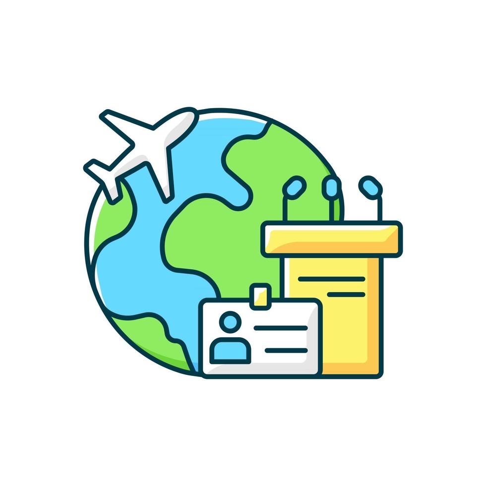 MICE tourism RGB color icon. Business trip. International flight for professional meeting. Global journey for conference. Isolated vector illustration. Travel industry simple filled line drawing