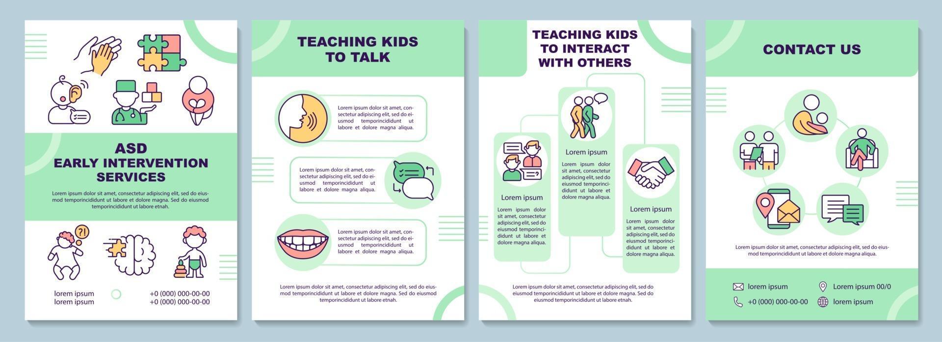 ASD early intervention services brochure template. Teaching to talk. Flyer, booklet, leaflet print, cover design with linear icons. Vector layouts for presentation, annual reports, advertisement pages