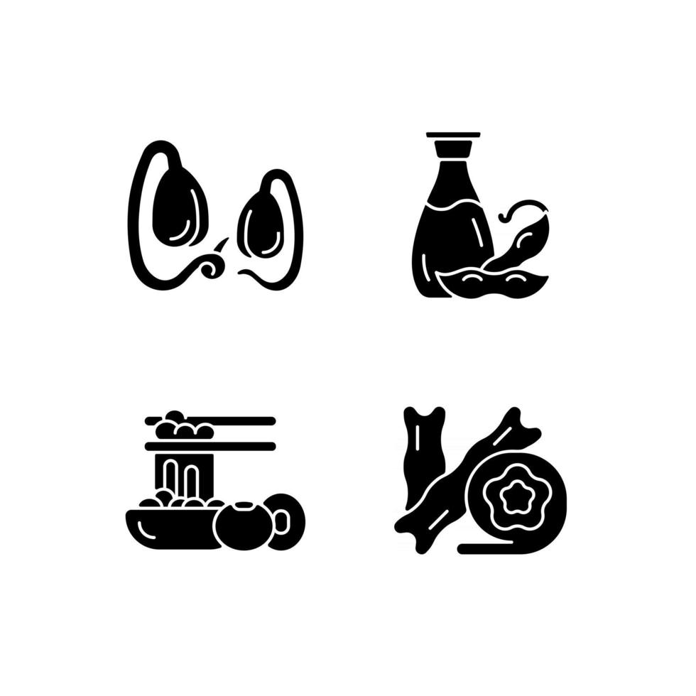 Soy meals black glyph icons set on white space. Soybeans sprouts growing. Tofu cheese skin. Vegetarian oil added to heathy meals. Organic foods. Silhouette symbols. Vector isolated illustration