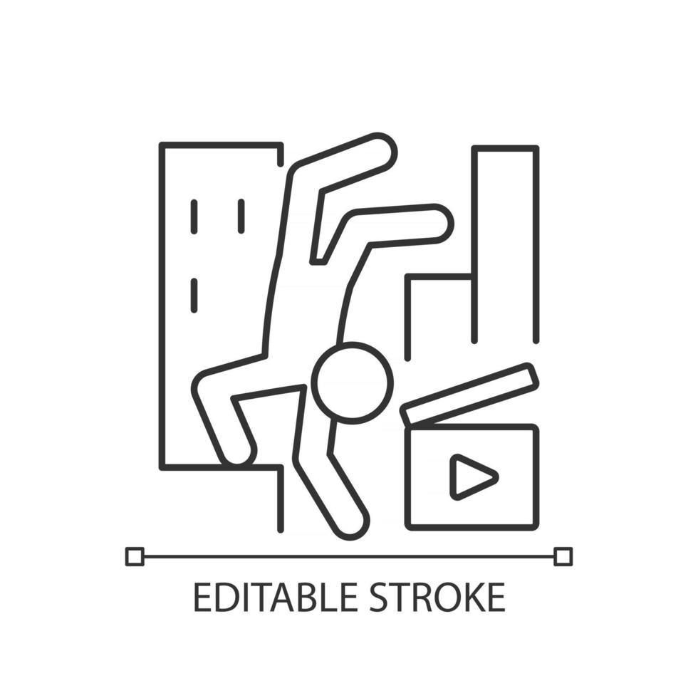Parkour videos linear icon. Shooting footage for action motion picture. Filmmaking on sport. Thin line customizable illustration. Contour symbol. Vector isolated outline drawing. Editable stroke
