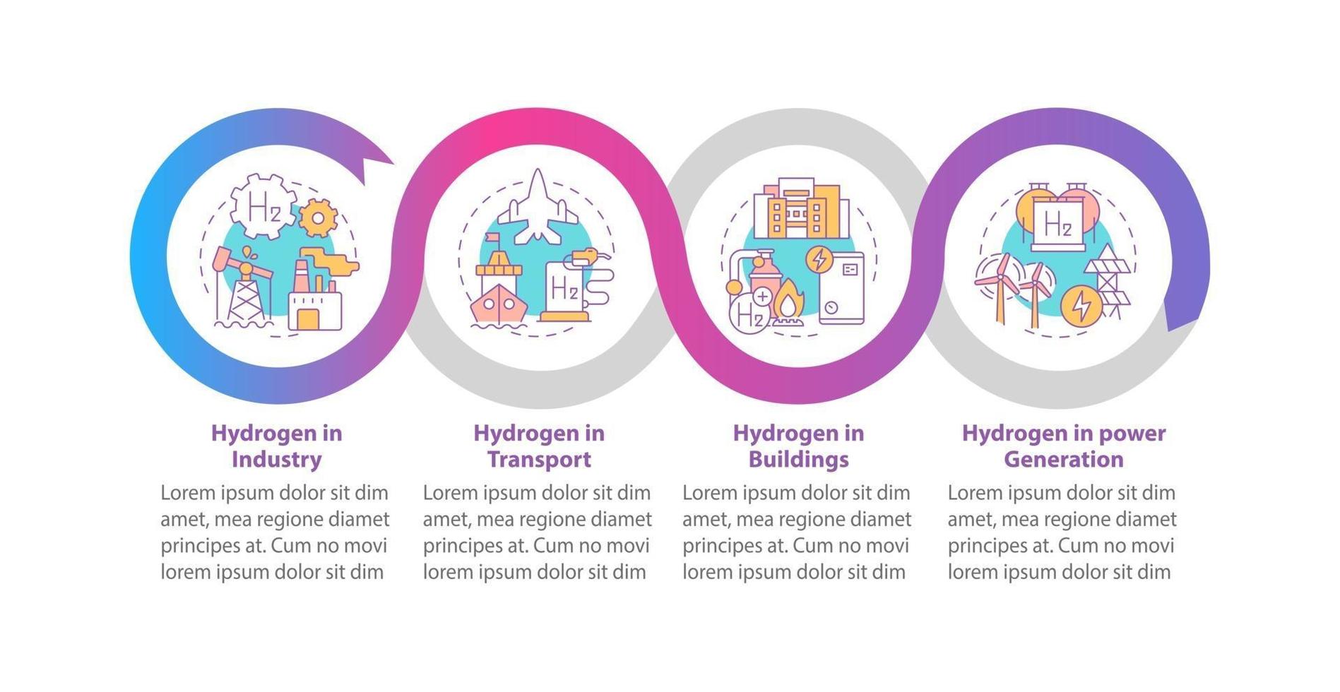 Hydrogen usage vector infographic template. H2 in industry presentation outline design elements. Data visualization with 4 steps. Process timeline info chart. Workflow layout with line icons