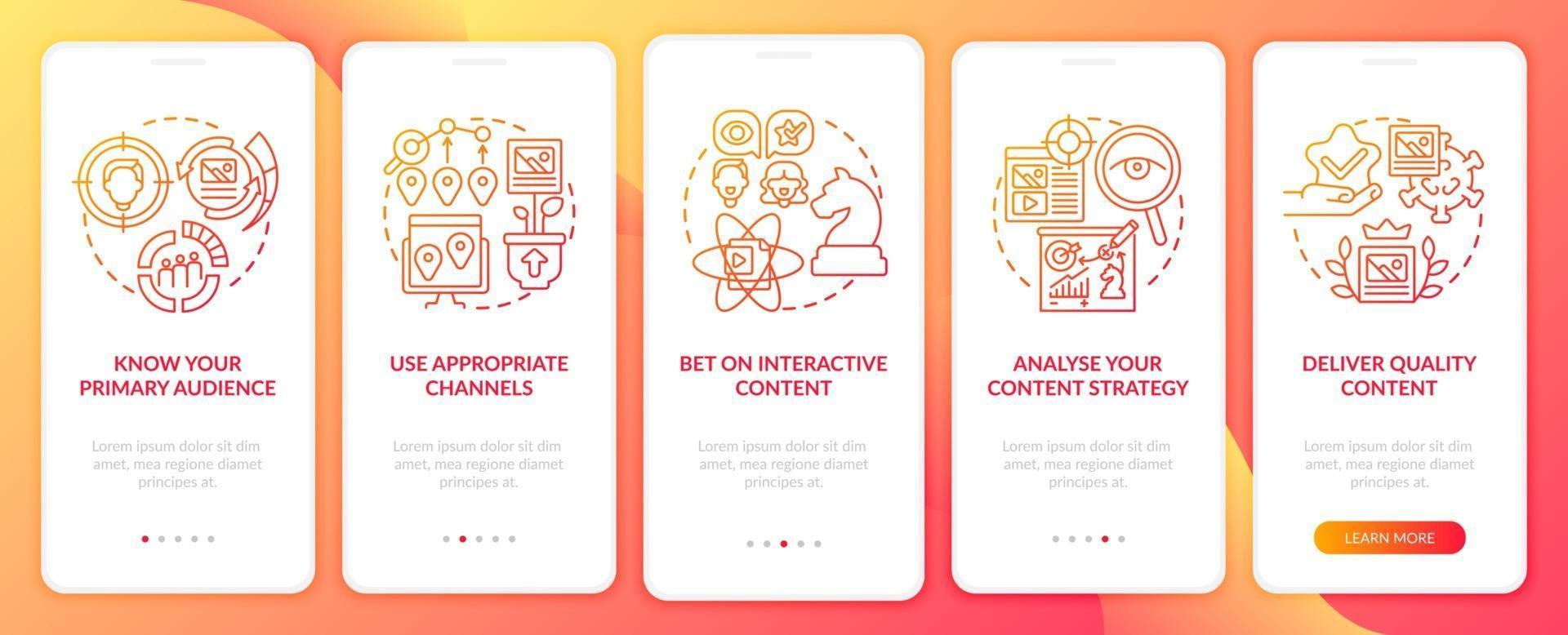 Shareable content techniques onboarding mobile app page screen. Appropriate channels walkthrough 5 steps graphic instructions with concepts. UI, UX, GUI vector template with linear color illustrations