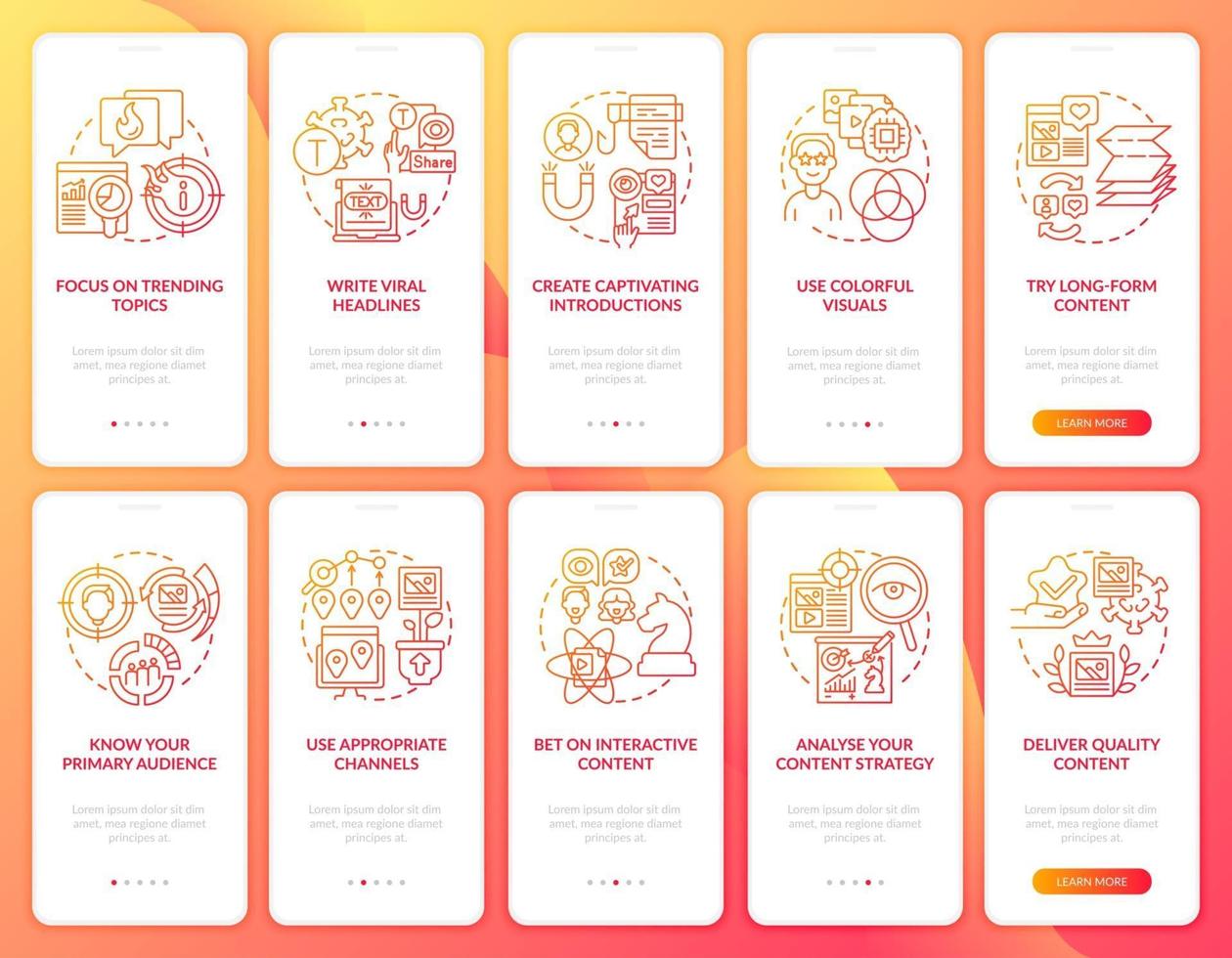 Make content buzzworthy onboarding mobile app page screens set. Viral marketing walkthrough 5 steps graphic instructions with concepts. UI, UX, GUI vector template with linear color illustrations