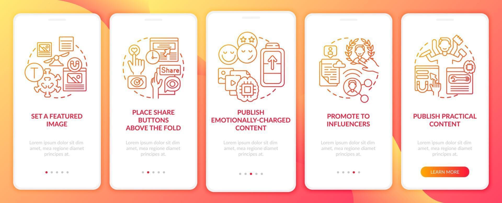 Create engaging content tips onboarding mobile app page screen. Emotional content walkthrough 5 steps graphic instructions with concepts. UI, UX, GUI vector template with linear color illustrations