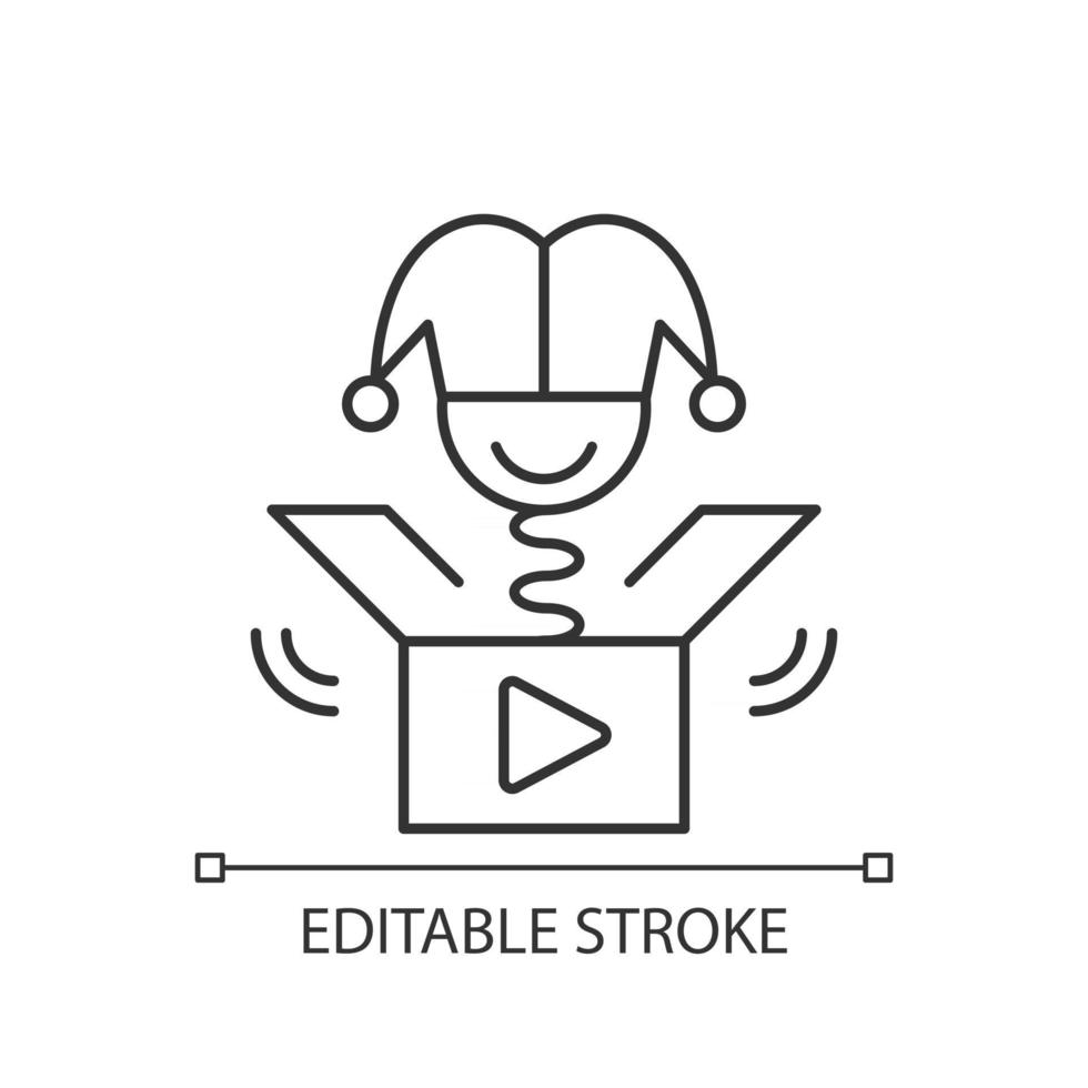 Prank videos linear icon. Funny content. Laughing at jokes online. Humorous trick. Thin line customizable illustration. Contour symbol. Vector isolated outline drawing. Editable stroke