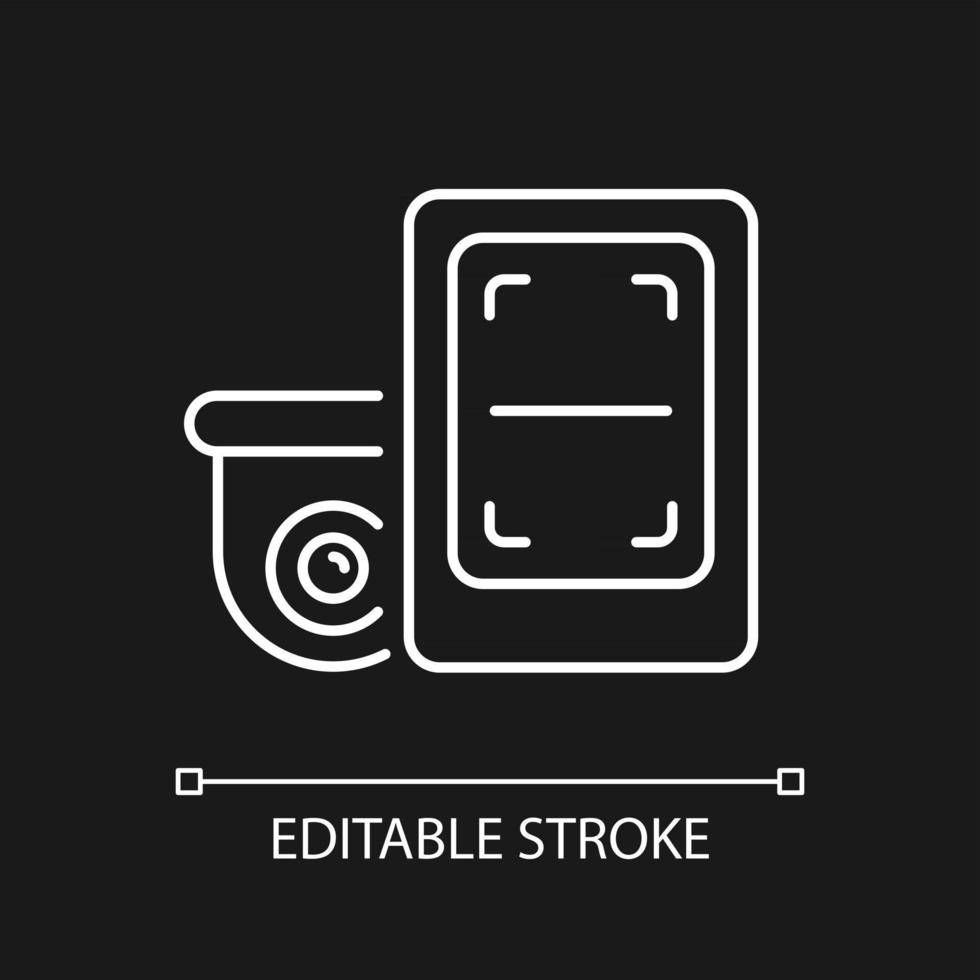 Remote monitoring with surveillance cam white linear icon for dark theme. Instant video recording. Thin line customizable illustration. Isolated vector contour symbol for night mode. Editable stroke
