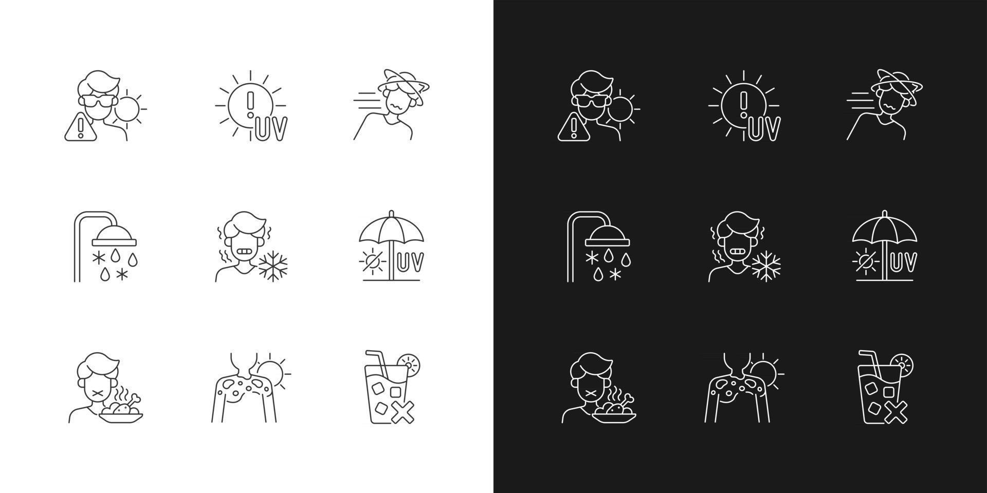 Heatstroke risk during summer linear icons set for dark and light mode. Sunburn on skin. Avoid sunlight. Customizable thin line symbols. Isolated vector outline illustrations. Editable stroke